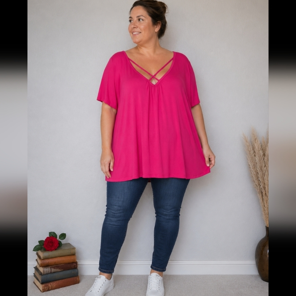 SEJOUR V Neck Strappy Short Sleeve Tunic Top 3X
